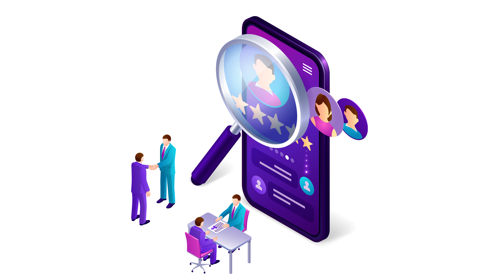 A magnifying glass examining candidate profiles on a mobile screen, with people conducting interviews and two shaking hands, symbolizing the recruitment process.